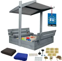 KOTARBAU® Sandkasten mit Abdeckung 100 x 100 cm Großer Grau Holzsandkasten mit Grau Dach Sandkasten mit Deckel Sandkasten mit Dach Gartenspielzeug Kinder imprägniert verschließbar mit Bänken