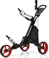 COSTWAY 3-Rad Golftrolley, Golfwagen Golf klappbar, Schiebewagen verstellbar, Golf Push Cart aus Aluminum, Golfcaddy mit Schirmhalter, T-Stückhalterung und Aufbewahrungstasche Rot