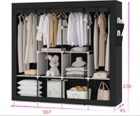 Kleiderschrank Faltschrank Stoffschrank  mit 4 Kleiderstangen 167x45x170cm Schwarz