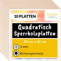Creative Deco 10 Quadratische Sperrholzplatte 3mm | 300 x 300 (+/-0,5) mm | Birkensperrholz Dünne Holz-Zuschnitte für Laubsäge Brandmalerei Laserschnitt CNC