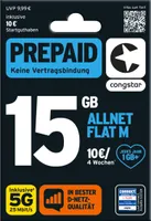 congstar Prepaid Allnet M: 15 GB Datenvolumen & Flatrate für Telefonie und SMS, 5G-Speed, EU-Roaming