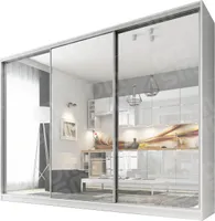 Großer Schiebeschrank DMSM 270 cm mit drei Spiegeln und vier Schubladen, Weißer Kleiderschrank für das Schlafzimmer.