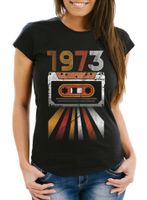Damen T- Shirt Geburtstag, Retro Aufdruck Kassette Geburtsjahr 1970 bis 1979 lustiges Geschenk für Frauen MoonWorks® 1973 schwarz XXL