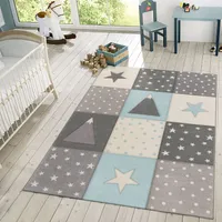 Kinder Teppich Spielteppich Karos Punkte Sterne Mond Pastell Türkis Weiß Grau Größe 80x150 cm