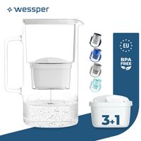 Wessper sklenená filtračná kanvica na vodu 3 l Kompatibilná s filtračnými kazetami Brita, vrátane 4 filtračných kaziet, biela