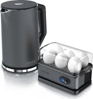 Arendo Frühstücksset, 6er Eierkocher SIXCOOK, 1,5L Edelstahl Wasserkocher, Grau