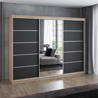 -Titel Schwebetürenschrank, 3-türig Schrank 200 cm mit 4 Schubladen, und Spiegel (Weiß, Schwarz, Somona) Kleiderschrank VILANO 1