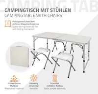 ECD Germany Kempingový stôl so 4 stoličkami, 120x60x55/63/70 cm, nastaviteľná výška, skladací, biely/krémový, z hliníka a MDF, kempingový nábytok so 4 stoličkami