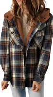 ASKSA Damen Jacke Karierte Winterjacke Oversize Langarm Winter Warme Gefuettert mit Kapuze Knoepfen Casual Maentel Jacken (Dunkelblau,L)
