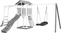 AXI Beach Tower Spielturm aus Holz in Weiß & Grau | Spielhaus für Kinder mit grauer Rutsche, Klettergerüst, Nestschaukel und Sandkasten | Stelzenhaus