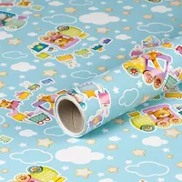 Geschenkpapier Hellblau m. Eisenbahn, Geburtstagspapier für Kinder, 0,70 x 10 m