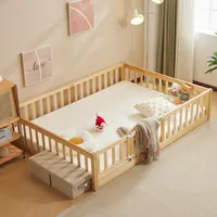 FCH Kinderbett, Bodenbett, Zaunbett, Holzbett mit Rausfallschutz und Tür, Spielbett, für Kinder  200*140cm, 41.5cm, Naturbelassen