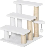 PawHut Katzentreppe 3-stufige Haustiertreppe mit Kratzsäulen Ball Hundetreppe Tiertreppe für Katzen bis 5 kg Plüsch Jute Weiß 45 x 40 x 48 cm