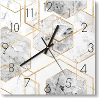 DEQORI Glasuhr 30x30 cm Zahlen 'Goldgerahmte Sechsecke' Wanduhr Glas Uhr Design leise