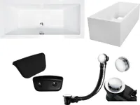 Badewanne Rechteck Set 5in1 180x80 mit Premium Ablaufgarnitur und Füßen GRATIS + Wannenträger + Kopfstütze in Schwarz | BADLAND QUADRO