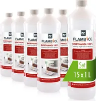 15x 1 L FLAMBIOL® Bioethanol Hochrein 100 % in Flaschen für Edelstahl-Tisch-Kamine