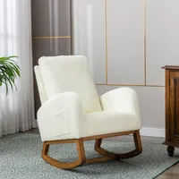 LVHOM Mid-Century gepolsterter Schaukelstuhl mit hoher Rückenlehne, Schaukelsessel mit Massivholzrahmen, Teddyplüsch Schwingsessel Relaxsessel, weiß