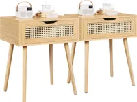 Yaheetech Nachttisch 2er Set mit Schublade Nachtschrank Beistelltisch Rattan Nachtkommode Holzbeine Sofatisch Boxspringbett Nachtkommode 48,5 cm L × 41 cm B × 57,5 cm H, Hellbraun