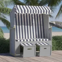 Prolenta Premium  Strandkorb mit Dach Poly Rattan und Massivholz Blau & Weiß