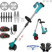 Akku-Rasentrimmer,Elektrischer Grasschneider,mit 2 Batterie und Ladegerät,180° Trimmwinkel,Teleskop-Stiel&Zusatzhandgriff,Faltbares Modell,mit Rädern