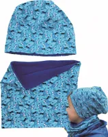 HECKBO Kinder Jungen Beanie Wintermütze & Schal Set mit Fleece-Futter - Wendemütze Hai Shark - 2-8 Jahren - 95% Baumwolle - weiches & pflegeleichtes Stretch-Material