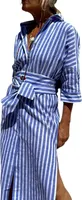 ASKSA Dámské letní Vintage Button Down Shirtdresses s dlouhými rukávy Módní pruhované volné pas Tie ležérní šaty (modrá,M)