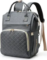 Wickeltasche Rucksack, Wasserdicht Große Wickelrucksack mit USB-Ladeanschluss, Kinderwagengurten, 3 Thermotaschen für Babyflaschen Babytasche Unisex Reise-Rucksack Windeltasche für Mama, Papa, Dunkelgrau