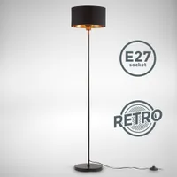 Stehlampe schwarz-gold Stoff Stehleuchte E27 Holz Metall Wohnzimmer Leselampe