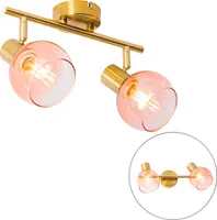 QAZQA - Art Deco Art Deco Spot I Spotlight I Deckenspot I Deckenstrahler I Strahler I Lampe I Leuchte Gold I Messing mit rosa Glas 2-flammig Lichter - Vidro I Wohnzimmer I Schlafzimmer - Stahl Länglic
