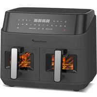 TurboTronic Heißluftfritteuse XXL doppel Airfryer 1600W / 9L (2x 4,5L Kammer) 10 Programme digitale Heißluft Fritteuse ohne Fett Öl Dual Luftfritteuse Air Friteuse Power Gray