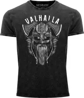 Herren Vintage Shirt Valhalla Wikinger Helm Viking Odin Krieger Printshirt T-Shirt Aufdruck Used Look Slim Fit Neverless®  schwarz XXL