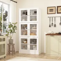 Küchenschrank mit 6 Glastüren,Küchenbuffet,Bücherschrank mit 3 verstellbarem Laminat,Vitrinenschrank,Glasvitrine mit 6 Ebenen,80x38x173cm,weiß