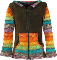 Patchwork Stonewash Regenbogen Jacke Zipfelkapuze, Goa Jacke - Modell 5, Damen, Mehrfarbig, Baumwolle, Größe: S/M