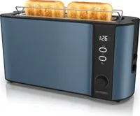 Arendo Toaster 2 Scheiben, Langschlitztoaster, Langschlitz, Edelstahl, 1000W, Display mit Restzeitanzeige, Brötchenaufsatz, Defrost Funktion, Wärmeisolierendes Gehäuse, blau