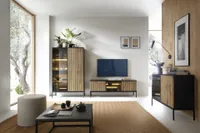 Wohnzimmer-Set CELINE 3-teilig, Vitrine, Schrankwand, Kommode, Schwarz Graphit/Wotan Eiche