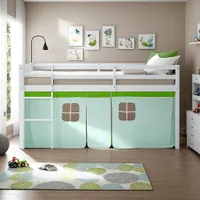 Homestyle4u 2966, Kinder Hochbett 90x200 Vorhang grün Kinderbett Weiß Holz Kiefer Massiv Stockbett