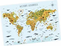 Kinder Lernposter Weltkarte Tiere geografisch - Wanddeko Kinderzimmer : Größe - DIN A1 - 841 x 594 mm