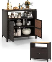 KOMFOTTEU Gartenschrank aus Rattan, Aufbewahrungsschrank Sideboard mit Arbeitsplatte aus Akazienholz, Garten Schuppen mit Doppeltüren, Rattanschrank
