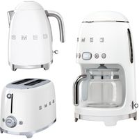 Smeg Morning Set Wasserkocher weiß 1,7 Liter + 2-Scheiben Toaster weiß + Filterkaffeemaschine weiß 50´s Retro Style