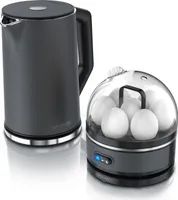 Arendo - Set Wasserkocher ELEGANT mit Eierkocher SEVENCOOK Edelstahl Grau, Wasserkocher 1,5L 40° - 100°C Warmhaltefunktion, Eierkocher 1-7 Eier, Messbecher