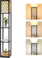 7MAGIC Stehlampe Standleuchte mit 9W LED Glühbirne, E27 bis 150W, 3 Ebenen Holzregal, Moderne standlampe mit Zugschalter und Stauraum, Stehleuchte für Wohnzimmer, Schlafzimmer, Büro, Schwarz 160cm