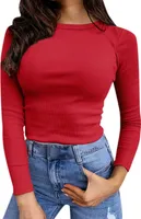 ASKSA Damen Gerippt Langarmshirt Slim Fit Langarm Oberteile Basic T-Shirt Top Pullover, Rot, L