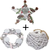 3er Set Adventskranz + Windlicht + Tischkranz Stern, Weihnachtsdeko Gesteck mit Glaseinsatz