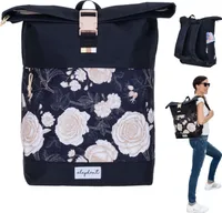 Rucksack Damen Mädchen Freizeitrucksack groß Sport A4 Roll-Top mit Laptopfach Geheimfach Anti-Theft Elephant Daypack Large 13038 Black Flower Schwarz