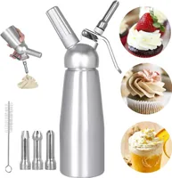 Edelstahl Sahnespender 500ML Sahnespender mit Patrone Schlagsahnebereiter mit 3 Edelstahl tüllen 1 Reinigungsbürsten Profi Sahnesyphon aus Aluminium