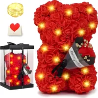 Infinity Rosen Teddy mit Geschenkbox & Lichterkette, Rosenbär aus Kunstrosen, Ewige Rosen Teddybär, Rosenbär Valentinstaggeschenk für die Freundin