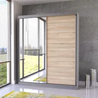 Schwebetürenschrank Kleiderschrank Schrank 183 cm Grau/Sonoma mit Spiegel Bella 03