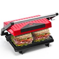 Aigostar Sandwichmaker Grill, Panini Presse 750W Leistung, Cool-Touch-Griff, antihaftbeschichtete Platten BPA-frei, Rot und Schwarz
