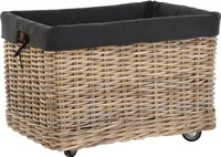 KRINES HOME Großer Rollkorb mit Griffen / Holzkorb mit Rollen aus grauem Natur Rattan / Aufbewahrung Holz-Wagen Räder Kaminholz-Korb Kamin Allzweck-Korb mit Inlett (Rechteckig klein)