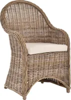 KRINES HOME Moderner Esszimmer-Sessel/Korbsessel aus Grauem Natur-Rattan mit Sitzkissen